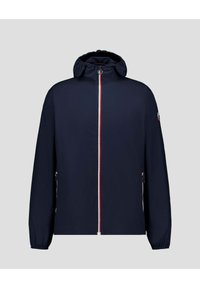 Giacca antivento blu navy con cappuccio regolabile con coulisse, cerniera frontale a tutta lunghezza e dettagli bianchi e rossi. Polsini elastici e tasche laterali.