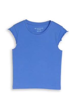 Blue cropped short-sleeve t-shirt with ruffled sleeve edges, round neckline, and fitted cut, size medium for youth.