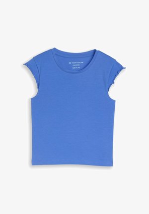 Camiseta azul recortada de manga corta con bordes de mangas con volantes, escote redondo y corte ajustado, talla mediana para jóvenes.
