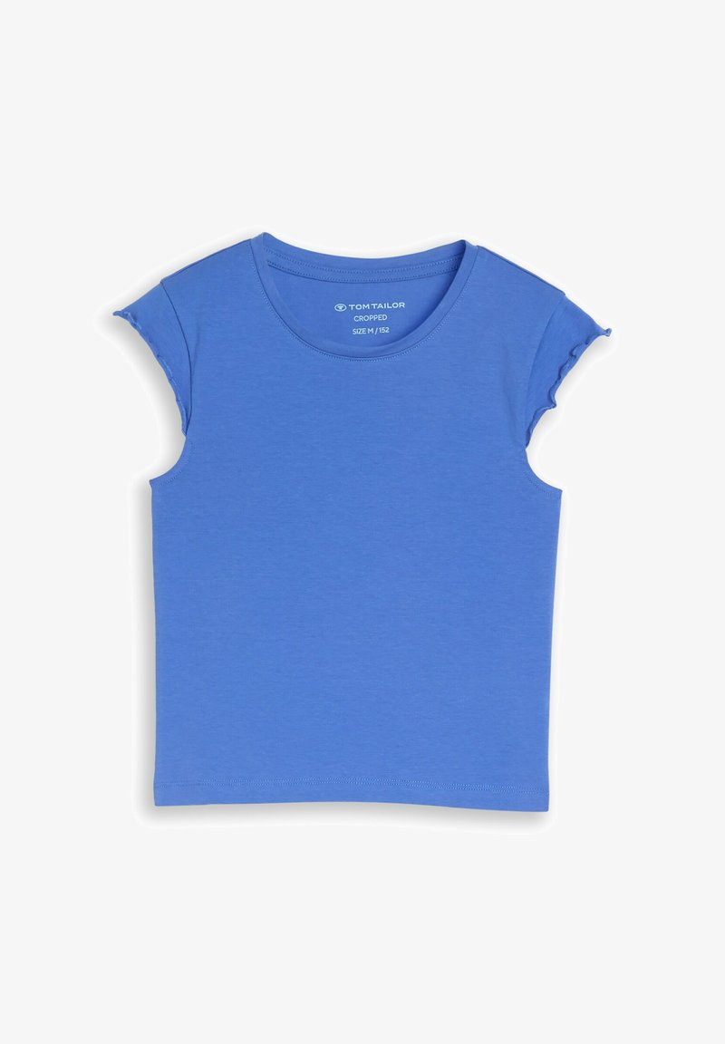 T-shirt bleu court à manches courtes avec bords de manches volantés, encolure ronde, coupe ajustée, taille medium pour jeunes.