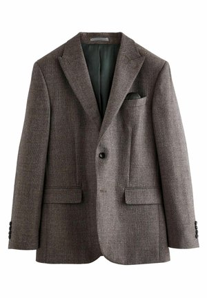 Blazer marron texturé avec un revers cranté, fermeture à un bouton, deux poches avant et une poche poitrine avec un mouchoir vert foncé.