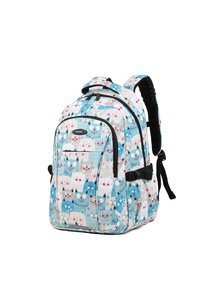 Rugzak met een witte basis en kleurrijke kattenillustraties in blauw, grijs en roze. Heeft verstelbare zwarte banden en meerdere met rits gesloten vakken.