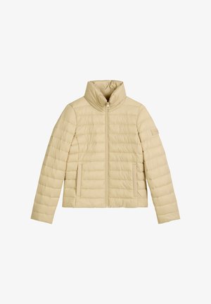 Beige puffer jacket with a stand-up collar, zip front, horizontal stitching, and two side pockets. Smooth, lightweight material.
