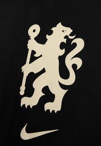 Zwarte stof met een opvallende crèmekleurige leeuwafbeelding die een staf vasthoudt. Een wit Nike-logo is onderaan geplaatst.