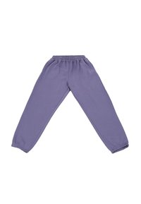 Purple sweatpants with an elastic waistband and cuffs, made from soft material. Features a simple design with no visible patterns or accents.
