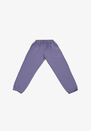 Pantaloni de trening purpurii cu talie elastică și mansete, confecționați dintr-un material moale. Prezintă un design simplu, fără modele sau accente vizibile.
