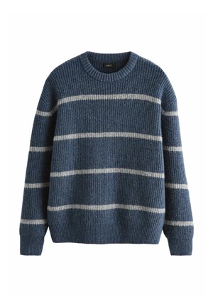Blue knitted sweater with a ribbed texture, featuring horizontal gray stripes, round crew neckline, and long sleeves.
