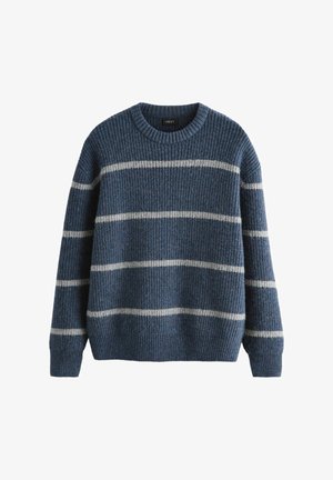 Blaues Strickpullover mit gerippter Struktur, mit horizontalen grauen Streifen, runden Halsausschnitt und langen Ärmeln.