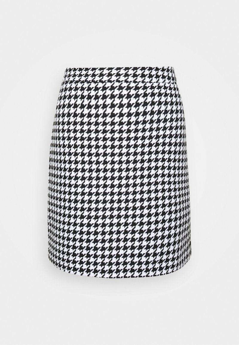 Jupe droite à motif pied-de-poule noir et blanc avec taille élastiquée, longueur genou, présentée sur fond blanc uni.