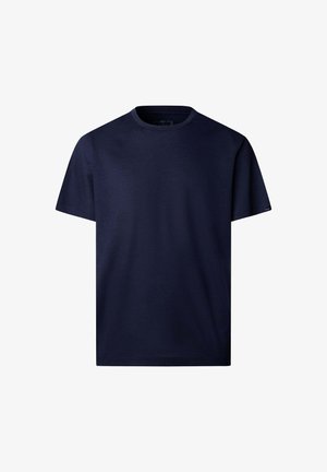 En ensfarvet mørkeblå T-shirt med korte ærmer og rund hals, lagt fladt ud på en hvid baggrund.