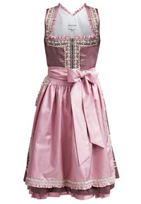 Robe dirndl traditionnelle rose et mauve avec bordure en dentelle, fermeture éclair à l'avant et un grand nœud de tablier à pois noué à la taille.