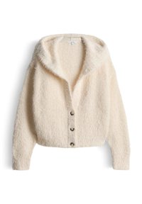 Cremefarbener, gemütlicher Cardigan mit Kapuze, aus strukturiertem Garn gefertigt, mit geknöpfter Vorderseite und lockeren Ärmeln.