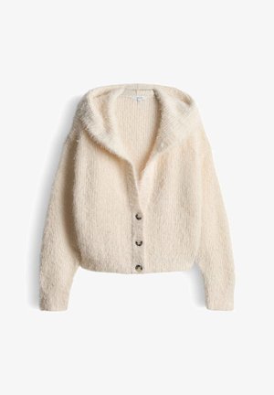 Cardigan confortable couleur crème avec capuche, fabriqué en fil texturé, doté d'un devant boutonné et de manches amples.