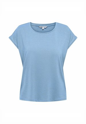 Top donna azzurro chiaro a maniche corte con scollo rotondo e sottile trama a coste orizzontali, etichettato taglia media.