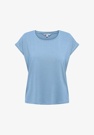 Top donna azzurro chiaro a maniche corte con scollo rotondo e sottile trama a coste orizzontali, etichettato taglia media.