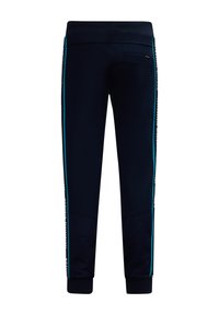 Marineblaue Sporthosen mit taillierter Form, elastischem Bund und türkisfarbenen Seitenstreifen mit Text. Enthält eine Gesäßtasche.