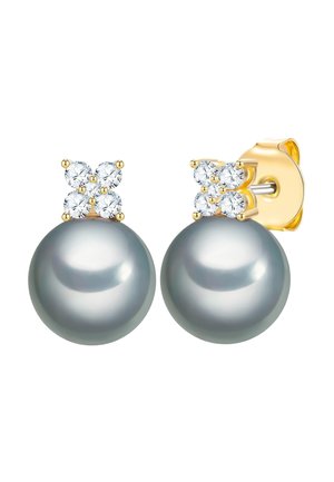 Goldene Ohrstecker mit vier kleinen runden Diamanten, die über jeder großen grauen Perle einen Cluster bilden.