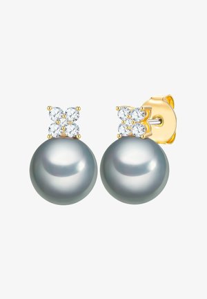 Boucles d'oreilles clous en or avec quatre petits diamants ronds formant un groupe au-dessus de chaque grande perle grise.