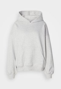 Svetlo siva kapuljača iz mehkega blaga, z sprednjim žepom, vrvico za nastavljanje kapuce in rebrastimi manšetami. Prevelik, sproščen kroj.