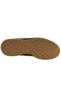 Podešev boty vyrobená z gumového materiálu, s vlnitým vzorem podrážky a tan barvou s oranžovými akcenty. Hladký povrch s výraznými drážkami.