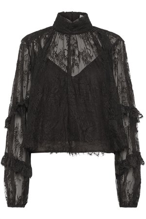 Czarna koronkowa bluzka z wysokim kołnierzem, przezroczystymi długimi rękawami, falbaniastymi mankietami i misternym wzorem kwiatowym. Krótki fason z warstwowym wyglądem.