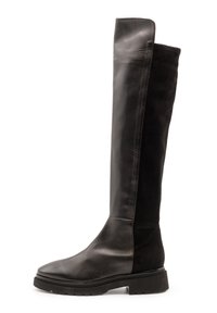 Knielange schwarze Stiefel aus Leder und Wildleder mit schlankem Design, abgerundetem Zehenbereich und einer klobigen Sohle für Stabilität und Komfort.