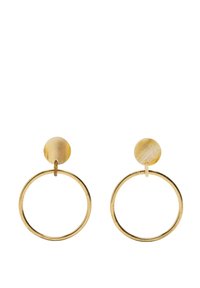 Złote okrągłe kolczyki w kształcie koła z teksturowanym, okrągłym akcentem u góry z jasnego żółtego materiału, tworzącym warstwowy design.