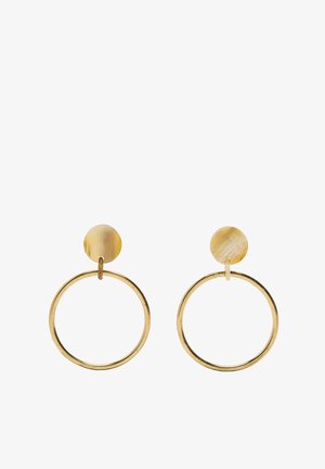 Złote okrągłe kolczyki w kształcie koła z teksturowanym, okrągłym akcentem u góry z jasnego żółtego materiału, tworzącym warstwowy design.