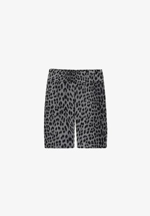 Šorts s leopard uzorkom u nijansama sive i crne. Napravljeni od mekog materijala s elastičnim pojasom. Dizajn do koljena, glatka tekstura.