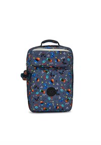 Blaues Stoff-Rucksack mit Gaming-Motiven. Verfügt über eine Fronttasche, einen oberen Griff und ein schwarzes rundes Logo. Inklusive eines flauschigen Schlüsselanhängers.