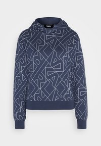 Mörkblå huvtröja med ett geometriskt vitt logomönster. Designad med huva, långa ärmar och ribbade ärmslut. Tillverkad av mjukt tyg.