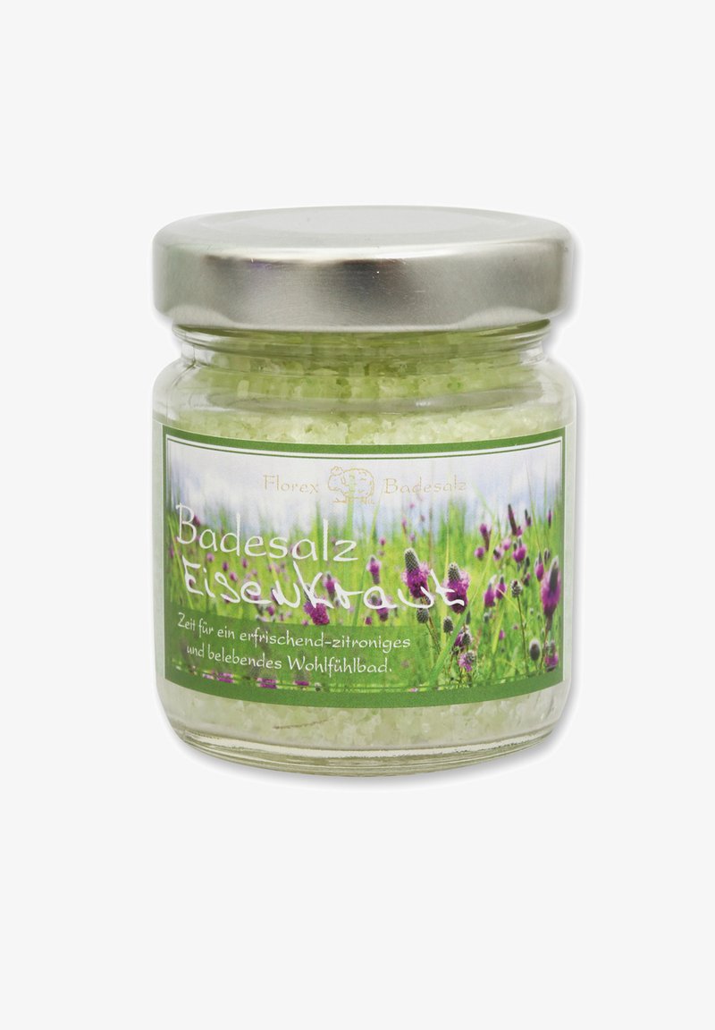 Clear glass jar of light green bath salt with silver lid. Label features lavender flowers and green background; text in German.