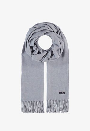 Helehall sall pehmest kangast, millel on sile tekstuur ja hõbedased fringi aksessuaarid, ühe otsa peal on väike logo.