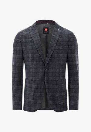 Męska marynarka w ciemnoszarą kratę z klapami z wycięciem, dwoma przednimi guzikami, kieszeniami z patkami oraz górną kieszenią na piersi, z logo wewnątrz kołnierza.