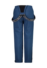 Pantalones impermeables azules con tirantes grises ajustables, que cuentan con un panel trasero negro y una textura suave, diseñados para actividades al aire libre.