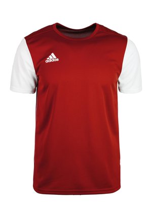 T-shirt atletica rossa e bianca realizzata in tessuto traspirante. Presenta un collo rotondo, maniche corte e un logo Adidas sul petto.