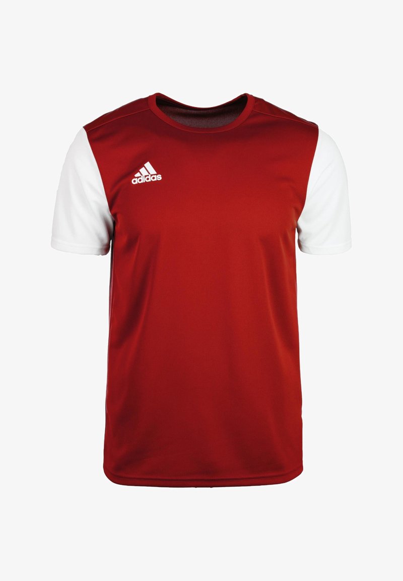 Rotes und weißes Sport-T-Shirt aus atmungsaktivem Material. Mit Rundhalsausschnitt, kurzen Ärmeln und einem Adidas-Logo auf der Brust.