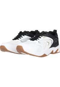 Vita sportskor i vitt med svarta accenter, överdel i mesh och syntetmaterial, gummisula, snörningsdesign och böjd, sportig silhuett.