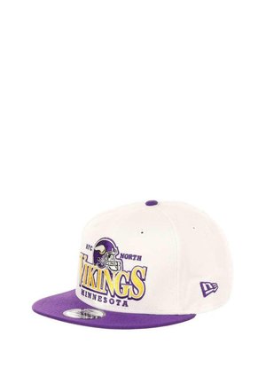White baseball cap with a purple visor, featuring embroidered "Vikings" text and helmet logo in yellow and purple. Adjustable back strap.