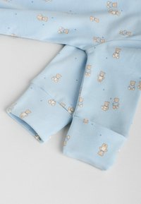 Bluza de culoare albastru deschis, cu un imprimeu cu urs; materialul este moale, cu manșete reiate și mici stele împrăștiate în model.