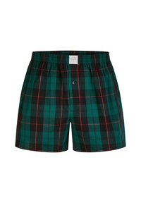 Kárované bavlněné boxerky s zeleným základem a černými a červenými pruhy, elastickým pasem a předním zapínáním na knoflík.