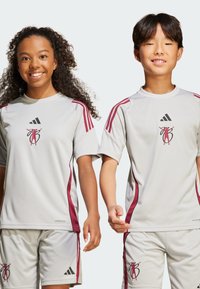 Grå fotbollströjor och shorts med röda accenter. Har en logotyp på framsidan, breda ärmar och en atletisk skärning för komfort och rörlighet.