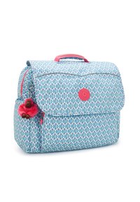 Borsa Kipling a fantasia blu con manico rosa, patta frontale e un portachiavi a forma di scimmia di peluche rosso attaccato alla tasca laterale.