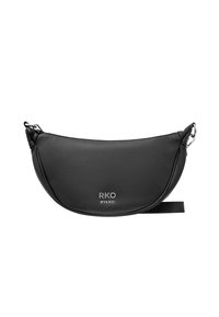 Borsa a tracolla nera in pelle con forma a mezzaluna, morbida al tatto, con hardware in argento e logo inciso nella parte frontale. Inclusa tracolla regolabile.