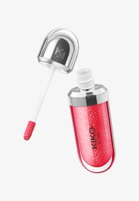 Glänzender Lippenstift mit silberner Kappe und rotem Glitzer, mit Applikatorstab, auf dem die Marke KIKO MILANO auf dem Röhrchen zu sehen ist.