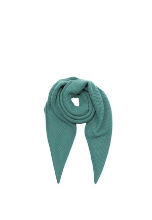 Teal textured knit scarf folded in a loose loop with two pointed ends hanging down.