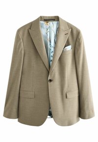 Beige Blazer mit vertikalen Streifen, zwei Fronttaschen und einem einzigen Knopf. Gefüttert mit einem hellblauen Blumendesign.
