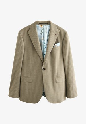 Blazer beige avec des rayures verticales, deux poches avant et un bouton unique. Doublé d'un motif floral bleu clair.