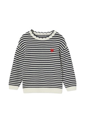 Pull en maille rayé noir et blanc avec manches longues, poignets et ourlet côtelés, encolure en festons et petite patche rouge en forme de cœur sur la poitrine.