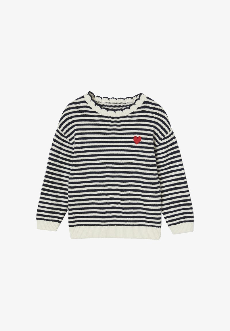 Pull en maille rayé noir et blanc avec manches longues, poignets et ourlet côtelés, encolure en festons et petite patche rouge en forme de cœur sur la poitrine.